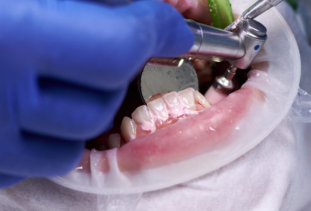 Dental examination with a mouth mirror before a surgical extraction