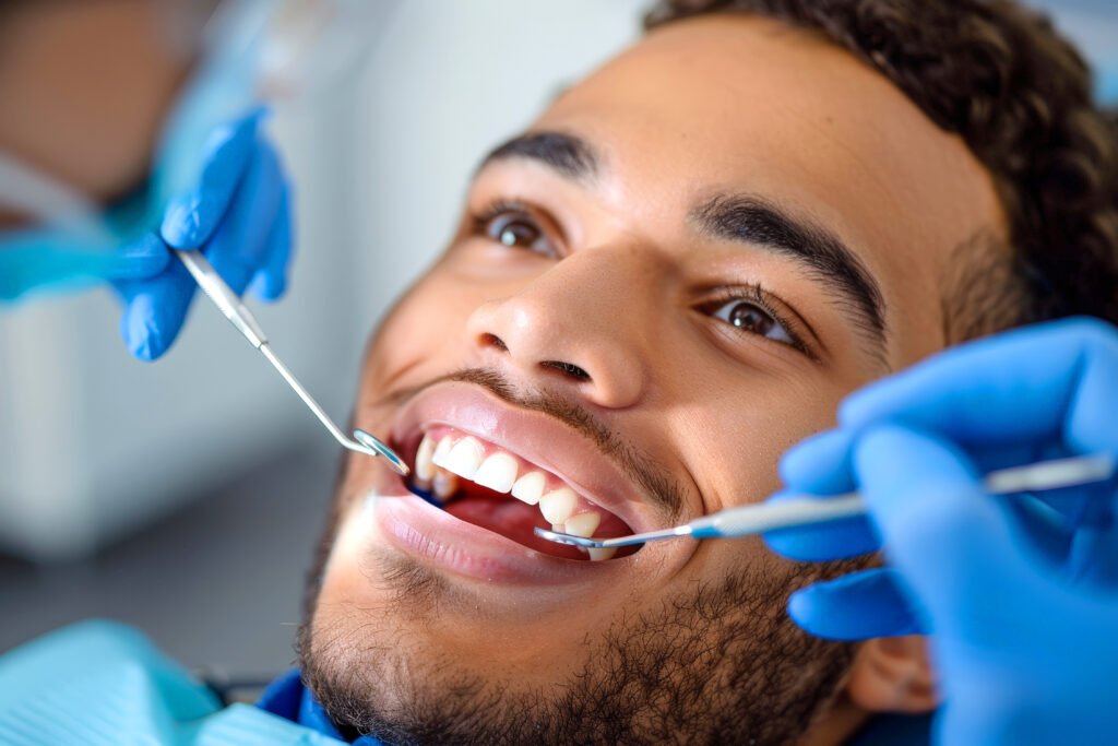 Dentist examining a patient’s teeth before a non-surgical tooth extraction